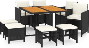 vidaXL 9 részes fekete polyrattan kerti étkezőgarnitúra párnákkal