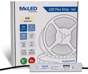 McLED  LED szalag - készlet 4 m, 240 LED/m, WW, 6 W/m, DC 24V, 500 lm/m, CRI90, IP67, 10 mm, Vezető 3 m ML-126.034.90.S04001