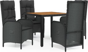 vidaXL 5 részes fekete polyrattan kerti étkezőgarnitúra párnákkal