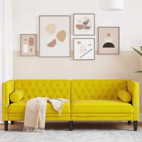 3 személyes sárga bársony Chesterfield kanapé hengerpárnákkal