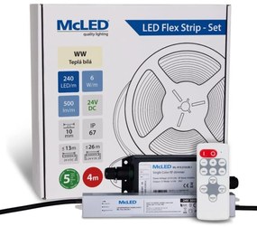 McLED  LED szalag - készlet 4 m + Vevő Nano IP67, 240 LED/m, WW, 6 W/m, DC 24V, 500 lm/m, CRI90, IP67, 10 mm, Vezető 3 m ML-126.034.90.S04002