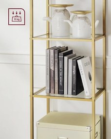 Könyvespolc, 5 szintes íves üveg tároló polc, arany színű