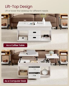 Dohányzóasztal, felemelhető asztallapos dohányzóasztal 2 fiókkal és rejtett rekesszel, bézs