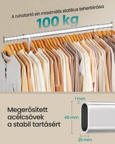 Nagy teherbírású gurulós ruhatartó, kihúzható 92–132 cm-es ruharúddal, fékezhető görgőkkel, max. 90 kg, ezüst