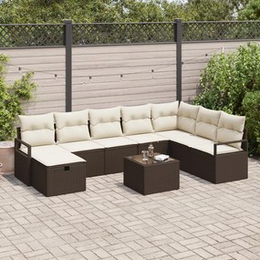 9 Részes Kerti Sofa Készlet Párnákkal Barna Polirattan, 2-Fős Kerti Sofa Párnákkal Barna Polirattan