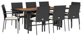 9 részes fekete polyrattan kerti étkezőgarnitúra párnákkal