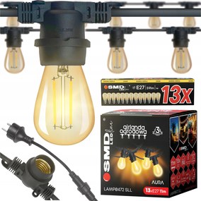 Kerti fényfüzér 10m 13X Led izzó 1W E27 vízálló kábel