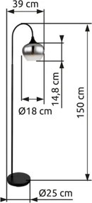 Globo 15548S Állólámpa fém matt fekete, füstszínű üveg, fekete textil kábel, lábkapcsoló a kábelben, HxSzxM: 390x250x1500mm, kábelhossz 1800mm, nem tartozék: 1x E27 40W 230V