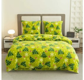 Karácsonyfa mintás mikropüss ágyneműhuzat szett zöld + mikroplüss lepedő SOFT 180x200 cm fehér, franciaágyhoz
