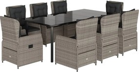 vidaXL 9részes világosszürke polyrattan kerti étkezőgarnitúra párnával