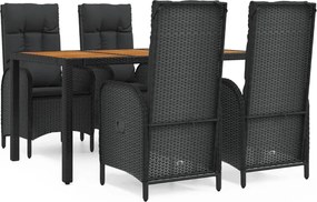 vidaXL 5 részes fekete polyrattan kerti étkezőgarnitúra párnákkal