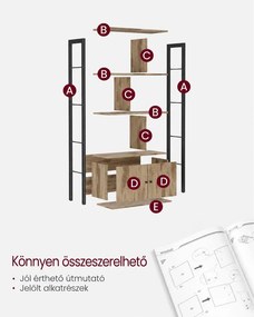 Könyvespolc 4 nyitott polccal és ajtós tárolószekrénnyel, 74 x 30 x 154,5 cm, rusztikus barna/fekete