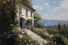 Vászonkép Canvas Tájkép Tenger Hegyek Ház Villa Kert Virágok 120x80