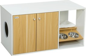 PawHut Macska Alomtálca Bútor 3 az 1-ben Fészek Éjjeliszekrény Macska Alomtálca Ajtókkal, Párnával, Tálakkal, Kaparó Máttal és Rekesszel Nappaliba, Há