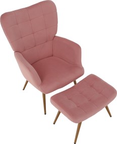 Fotel lábtartóval, rózsaszín Velvet szövet/tölgy, HABEN