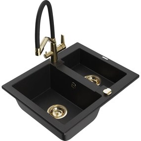 Mexen Carlos gránitmosogató 1,5 medencés Duo konyhai csappal, fekete - 6518-77-671701-57-G