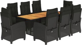vidaXL 9 részes fekete polyrattan kerti étkezőgarnitúra párnákkal