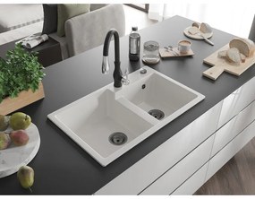 Mexen Tomas, gránit mosogató 800x500x190 mm, 2 kamrás és Savita mosogató csaptelep, fehér, 6516-20-672601-70