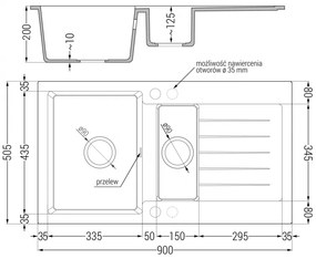 Mexen Matias, gránit mosogató 900x505x200 mm, 1,5 kamrás és fekete Telma csaptelep, fekete-arany metál, 6502-75-670200-70-B