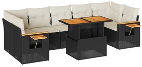8 részes fekete polyrattan akácfa kerti ülőgarnitúra párnákkal