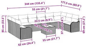 11 Részes Kert Kanapé Szett Párnákkal Barna Poli Rattan, 2-Fős Kert Kanapé Párnákkal Bézs Poli Rattan