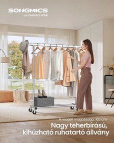 Nagy teherbírású gurulós ruhatartó, kihúzható 92–132 cm-es ruharúddal, fékezhető görgőkkel, max. 90 kg, ezüst