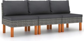 vidaXL 3 db polyrattan és tömör eukaliptuszfa középső kanapé