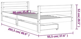 fehér tömör fenyőfa gyerekágykeret fiókokkal 90 x 200 cm
