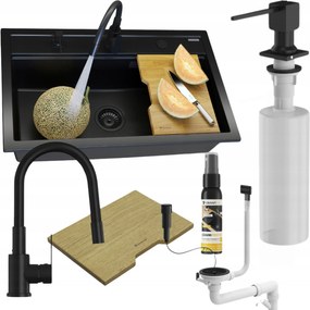 Asti gránit mosogató fekete egymedencés csaptelep szett Grado+ szifon