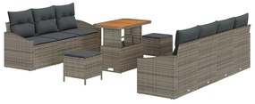 10 Darabos Kerti Kanapé Készlet Párnákkal Szürke Poli Rattan Akáciából, 2-Fős Kerti Kanapé Tárolóval és Párnákkal Szürke Poli Rattan, 3 Darabos Kerti Étkezőkészlet Párnákkal Szürke Poli Rattan Akáciából