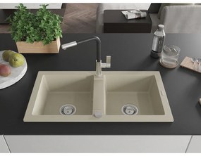 Mexen Mario, 2 kamrás gránit mosogató 820x436x161 mm és Flora mosogató csaptelep, bézs, 6504-69-670401-07