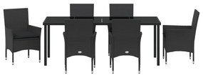 7 Darabos Kert Étkező Készlet Párnákkal Fekete Poli Rattan, Kert Asztal Fekete 200x80x73 cm Edzett Üveg