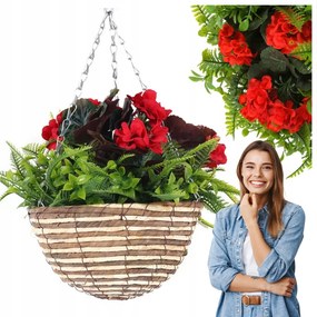 Függő Mű Virágcserép, Élőnek Tűnő Műpelargónia, Piros Szurfínia Virágok