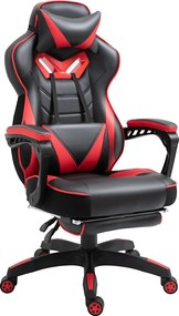 Vinsetto Ergonomikus Irodai Szék, Gamer Szék Retractable Lábemelővel és Állítható Háttámlával, Hab+PU Bőr+Fém, Fekete+Piros, 65 x 70 x 118.5-128.5 cm