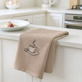 Goldea hímzett waffle konyharuha - kávé barna alapon 50 x 70 cm