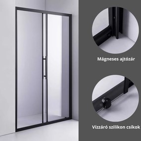 Stuxi Nizza Black 110 cm széles toló zuhanyajtó 6 mm vastag vízlepergető biztonsági üveggel, fekete elemekkel, 200 cm magas