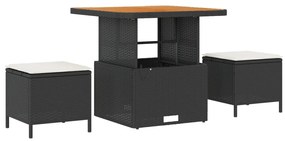 9 darabos kert sofa készlet párnákkal fekete poly rattan akácia, 3 darabos kert étkező készlet párnákkal fekete poly rattan akácia