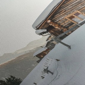 Kép - hegyi kunyhó a hóban (órával) (90x30 cm)