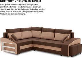 Grande sarokkanapé polcokkal és puffokkal , polc a bal karfaban puffok a jobb karfaban, baloldali, szövet anyag, hab töltet, barna