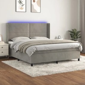 világosszürke bársony rugós és LED-es ágy matraccal 160x200 cm