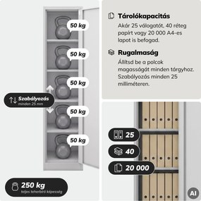 Keskeny, szürke fém iratszekrény, 450x1850x400 mm: ALEX
