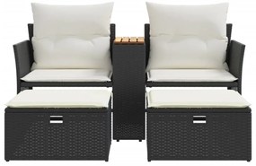 2 személyes fekete polyrattan kerti kanapé zsámollyal