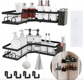 2X Fürdőszobai Sarokpolc Akasztós Zuhanyhoz Fúrás Nélkül Fekete Loft