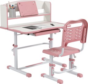 ZONEKIZ Gyermek Íróasztal Székkel, Állítható Iskolai Íróasztal Fiókkal és Dönthető Felülettel, 6-12 Éves Korosztály, Rózsaszín | Aosom