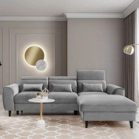 Szürke bársony kinyitható-tárolóhelyes sarokkanapé (jobb oldali-heverő résszel) Foble – ELTAP