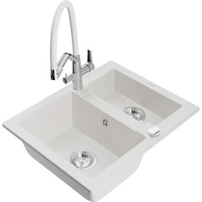 Mexen Carlos 1,5 rekeszes gránit mosogató Duo konyhai csapteleppel, fehér - 6518-20-671701-02