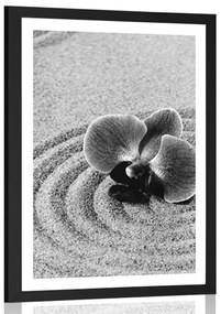 Poszter homokos Zen kert orchideával fekete fehérben