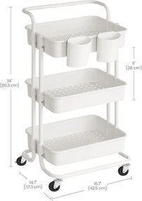 3 szintes kerekeken guruló tároló polc, fogantyúval, fehér színben