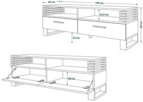 Mazzoni GOKEE RTV-145 Barna Tölgy/Fekete Matt - MODERN LAMELLÁS TV ASZTAL