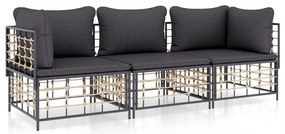 3 részes antracitszürke polyrattan kerti ülőgarnitúra párnákkal